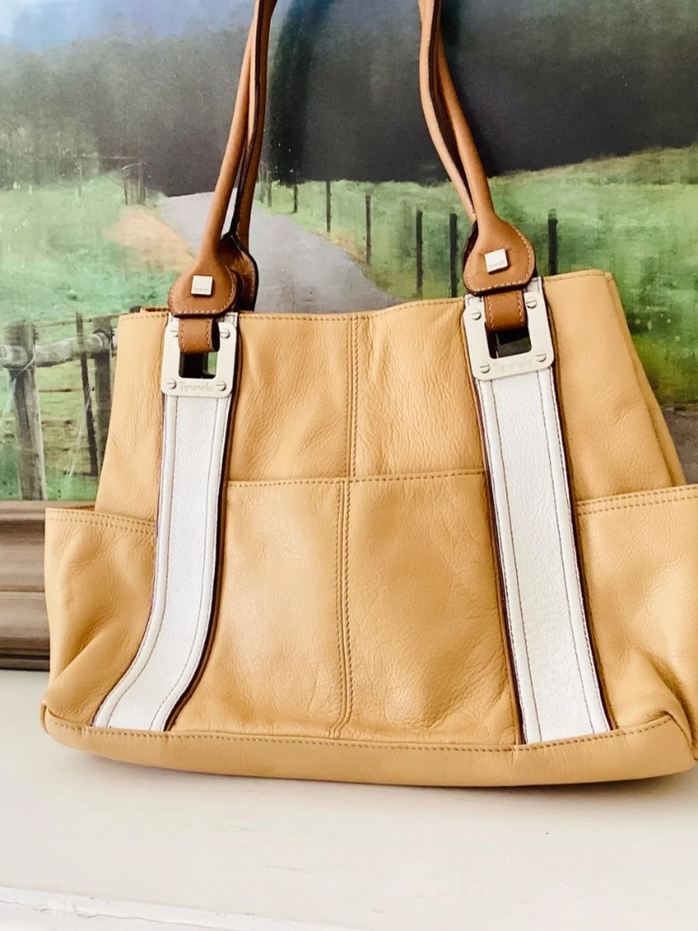 Tignanello Leather Yellow White Large Shoulder Purse Handbag Hobo Tote Summer